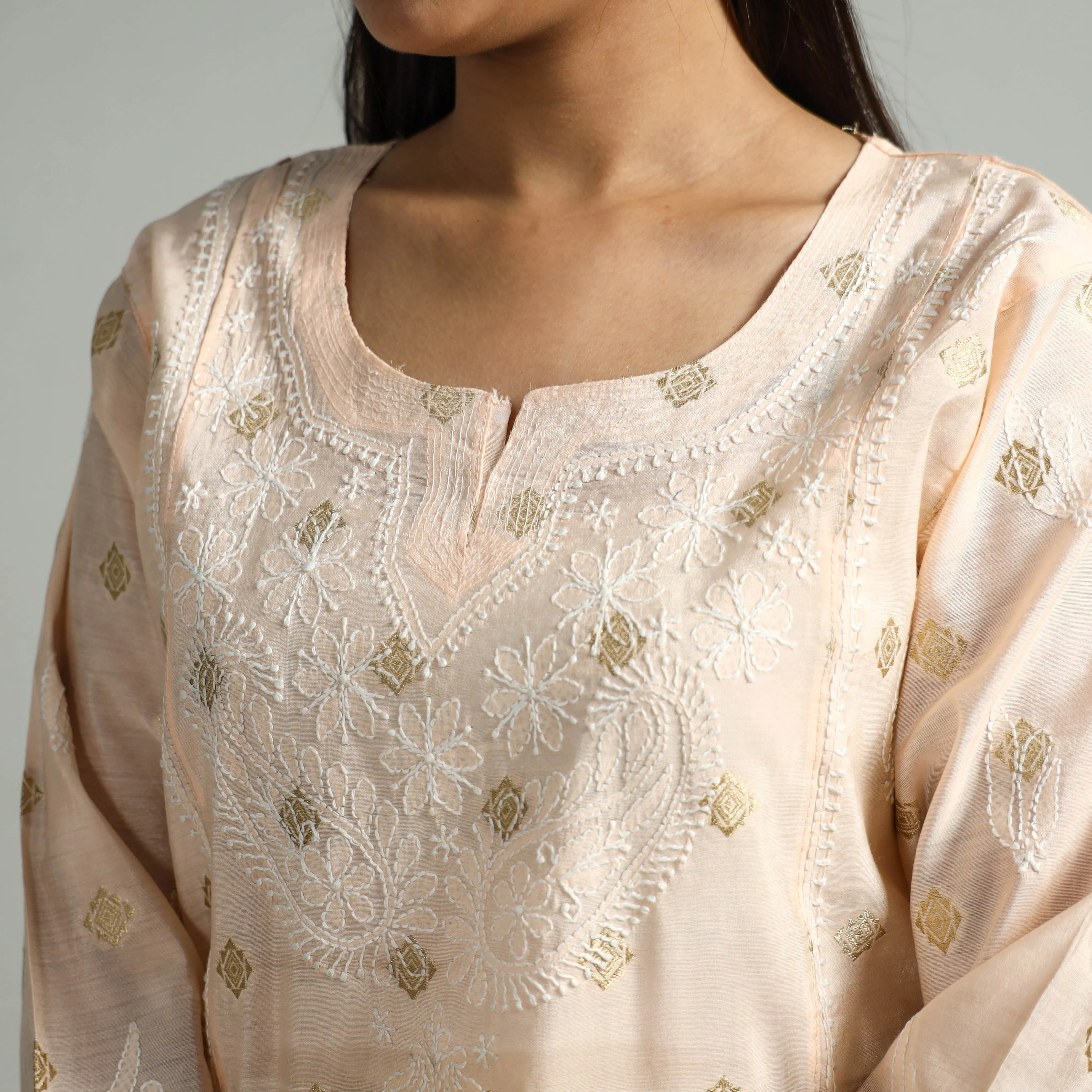 Peach Chikankari Hand Embroidered Silk Cotton Kurta with Zari Work sold by Itokri product image thumbnail 5