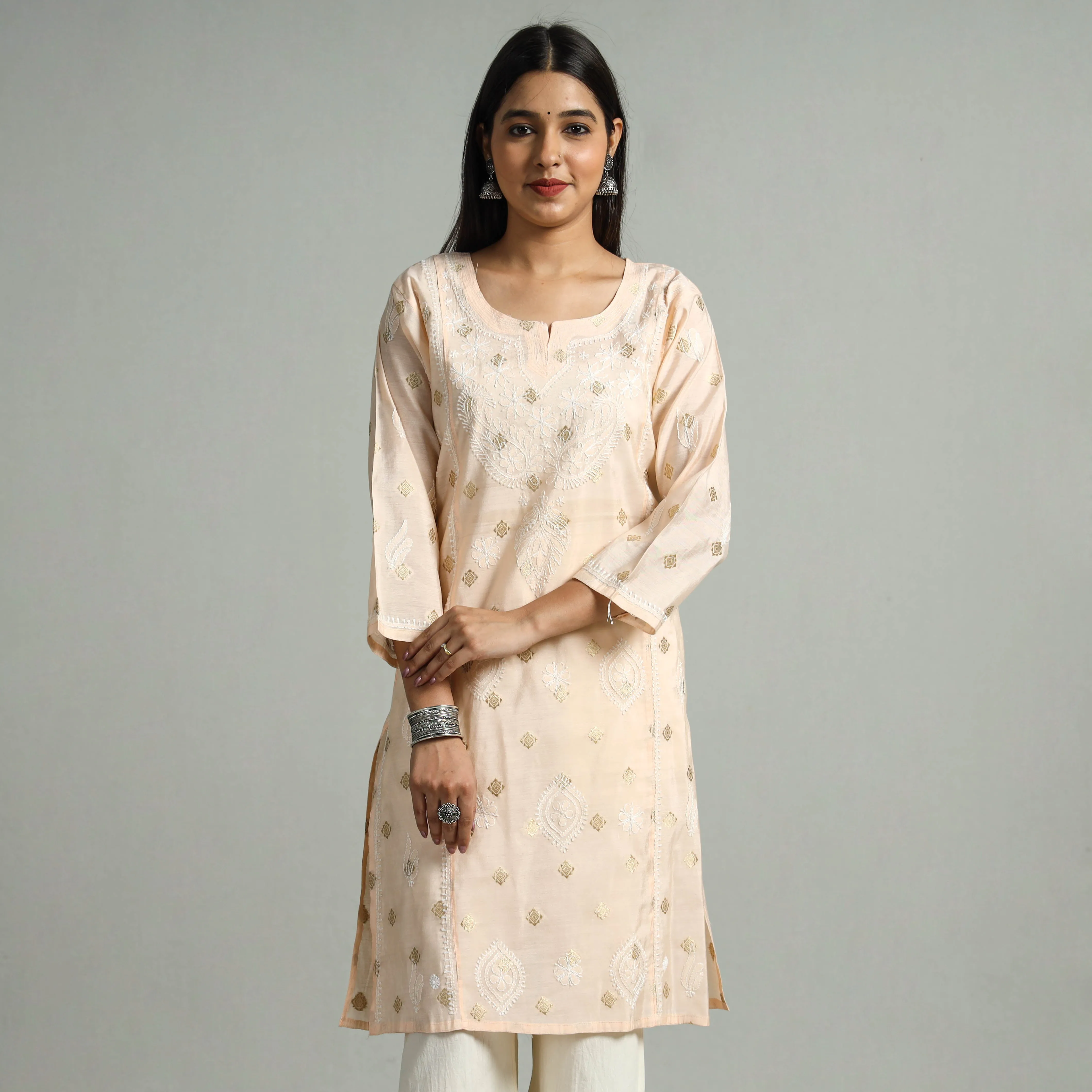 Peach Chikankari Hand Embroidered Silk Cotton Kurta with Zari Work sold by Itokri product image thumbnail 3