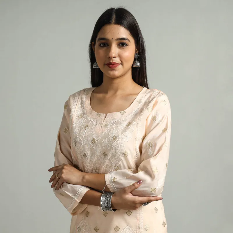 Peach Chikankari Hand Embroidered Silk Cotton Kurta with Zari Work made by Itokri