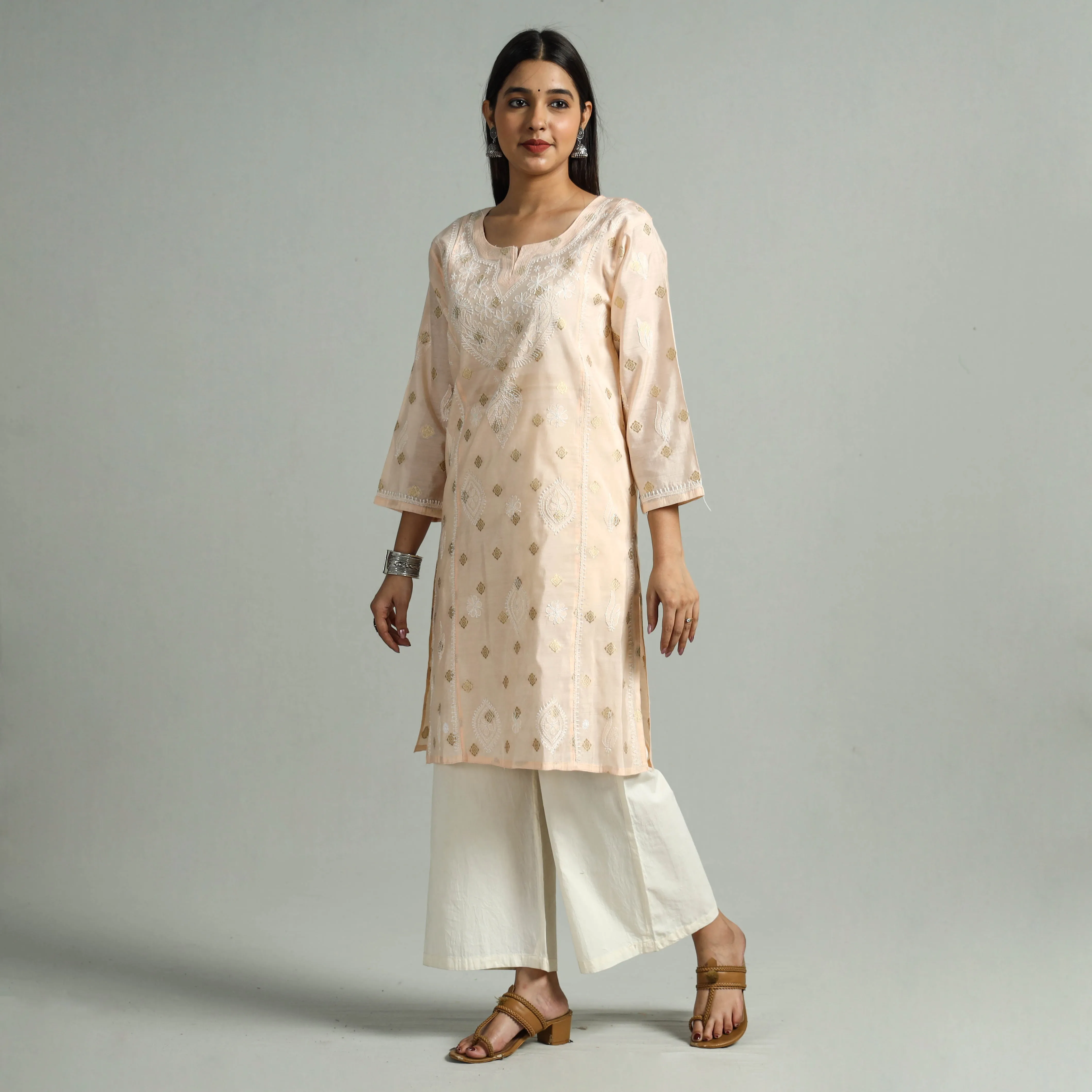 Peach Chikankari Hand Embroidered Silk Cotton Kurta with Zari Work sold by Itokri product image thumbnail 2