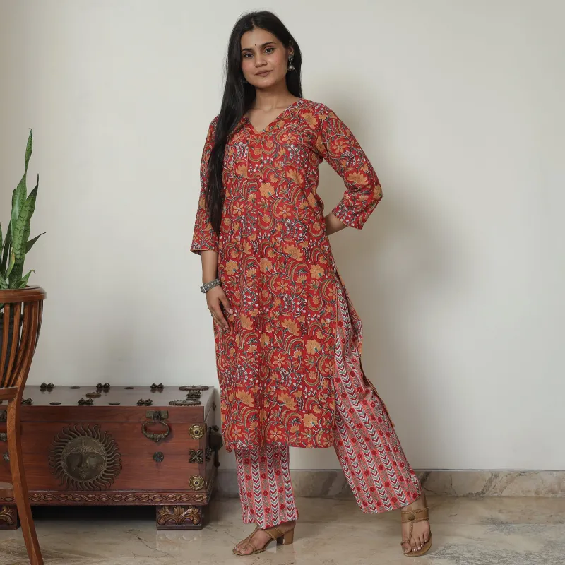 Red - Sanganeri Block Printed Cotton Kurta with Palazzo Set 13 made by Itokri