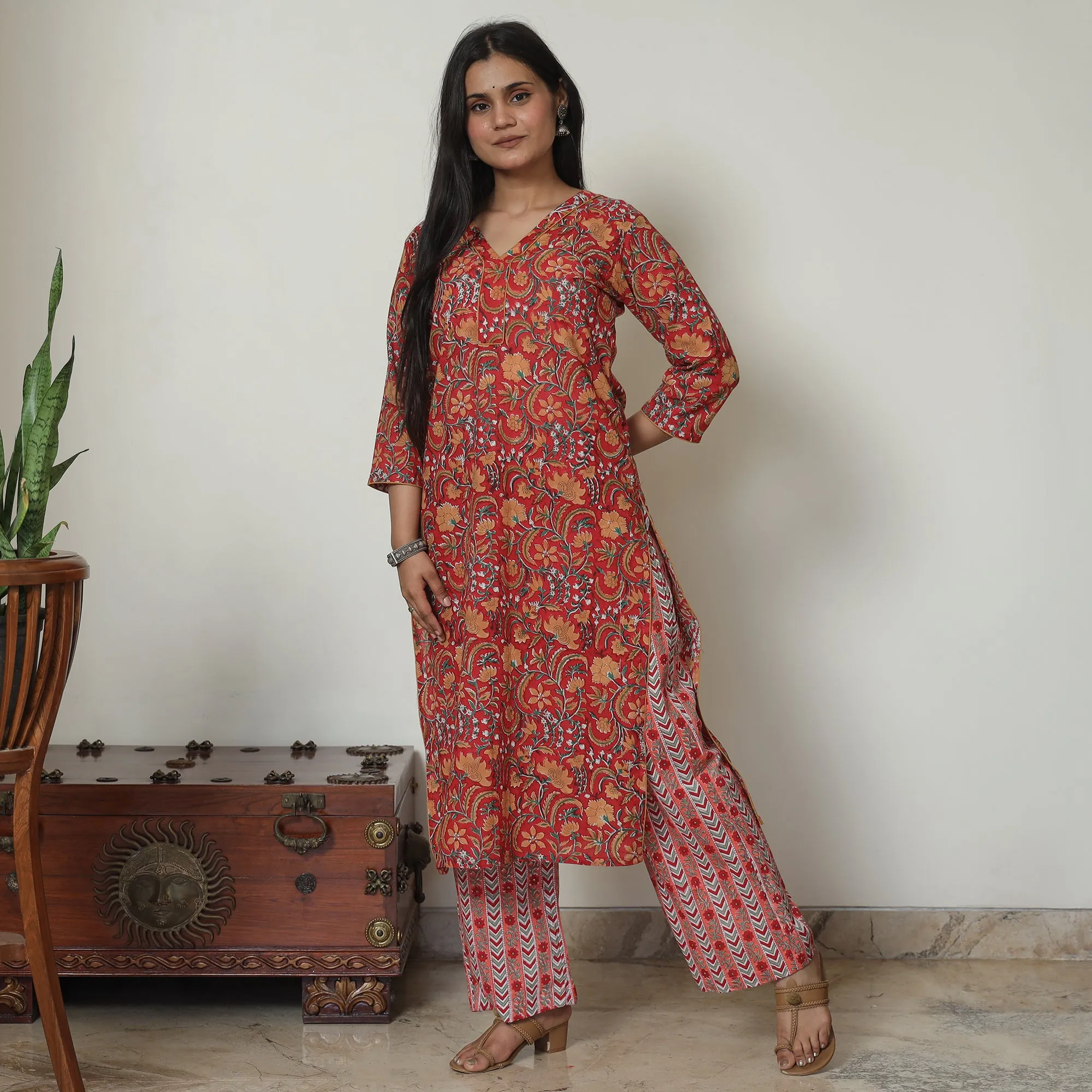 Red - Sanganeri Block Printed Cotton Kurta with Palazzo Set 13 sold by Itokri