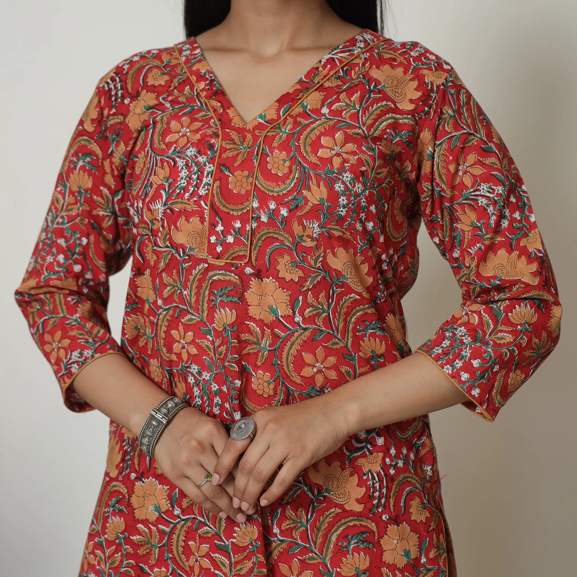 Red - Sanganeri Block Printed Cotton Kurta with Palazzo Set 13 sold by Itokri product image thumbnail 4