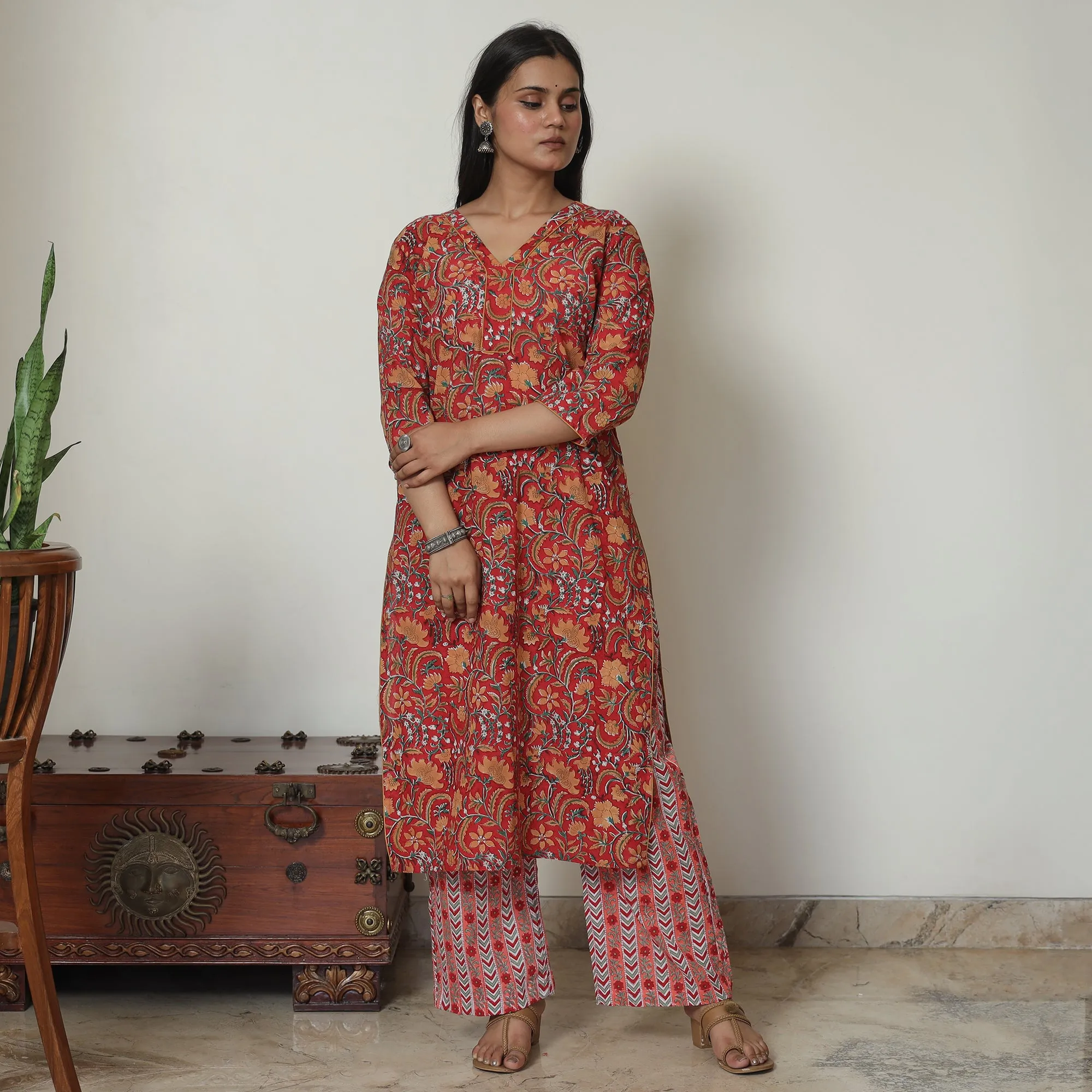 Red - Sanganeri Block Printed Cotton Kurta with Palazzo Set 13 sold by Itokri product image thumbnail 3