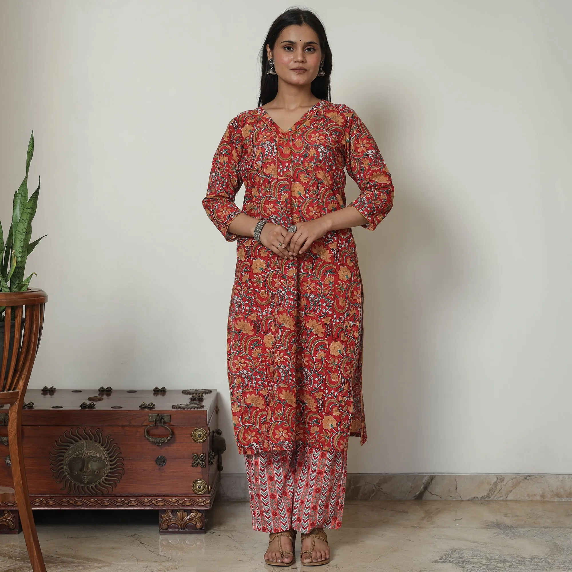 Red - Sanganeri Block Printed Cotton Kurta with Palazzo Set 13 sold by Itokri product image thumbnail 2