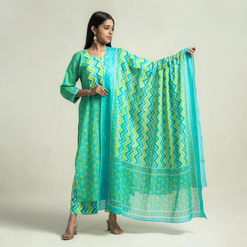 Aqua Green - Jaipur Printed Cotton Kurta with Palazzo & Dupatta Set made by Itokri