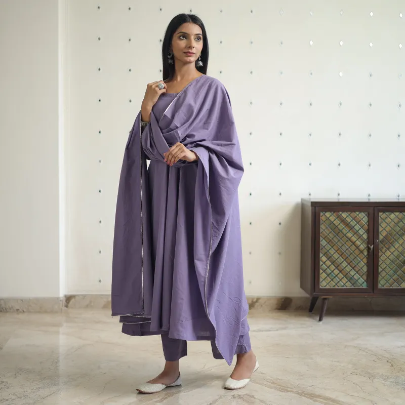 Shuchi Light Purple Cotton Flared Kurta with Palazzo & Dupatta Set made by Itokri