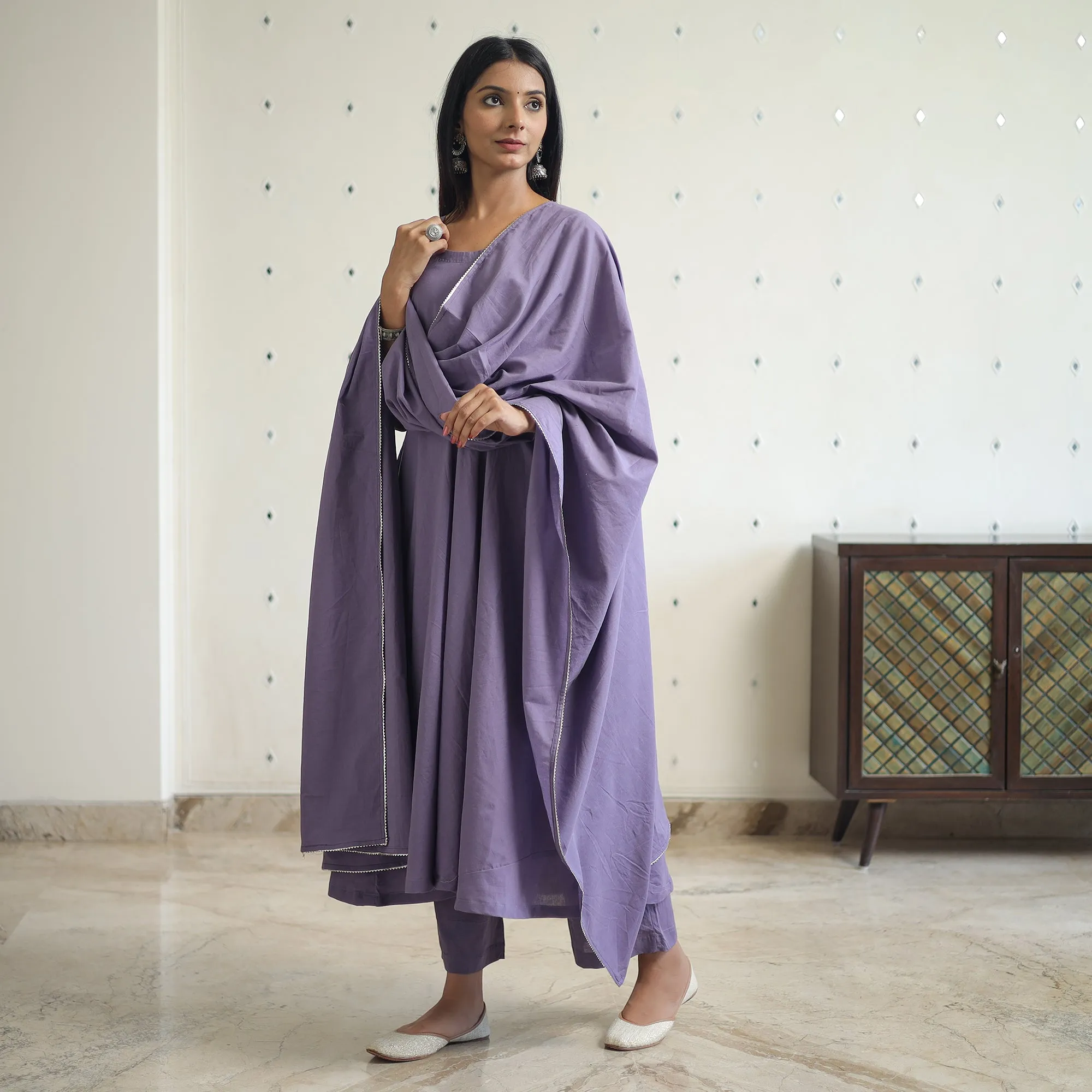 Shuchi Light Purple Cotton Flared Kurta with Palazzo & Dupatta Set sold by Itokri