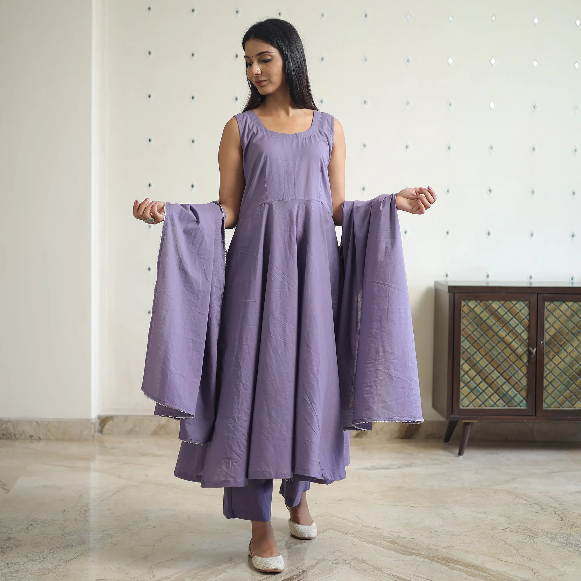 Shuchi Light Purple Cotton Flared Kurta with Palazzo & Dupatta Set sold by Itokri product image thumbnail 3
