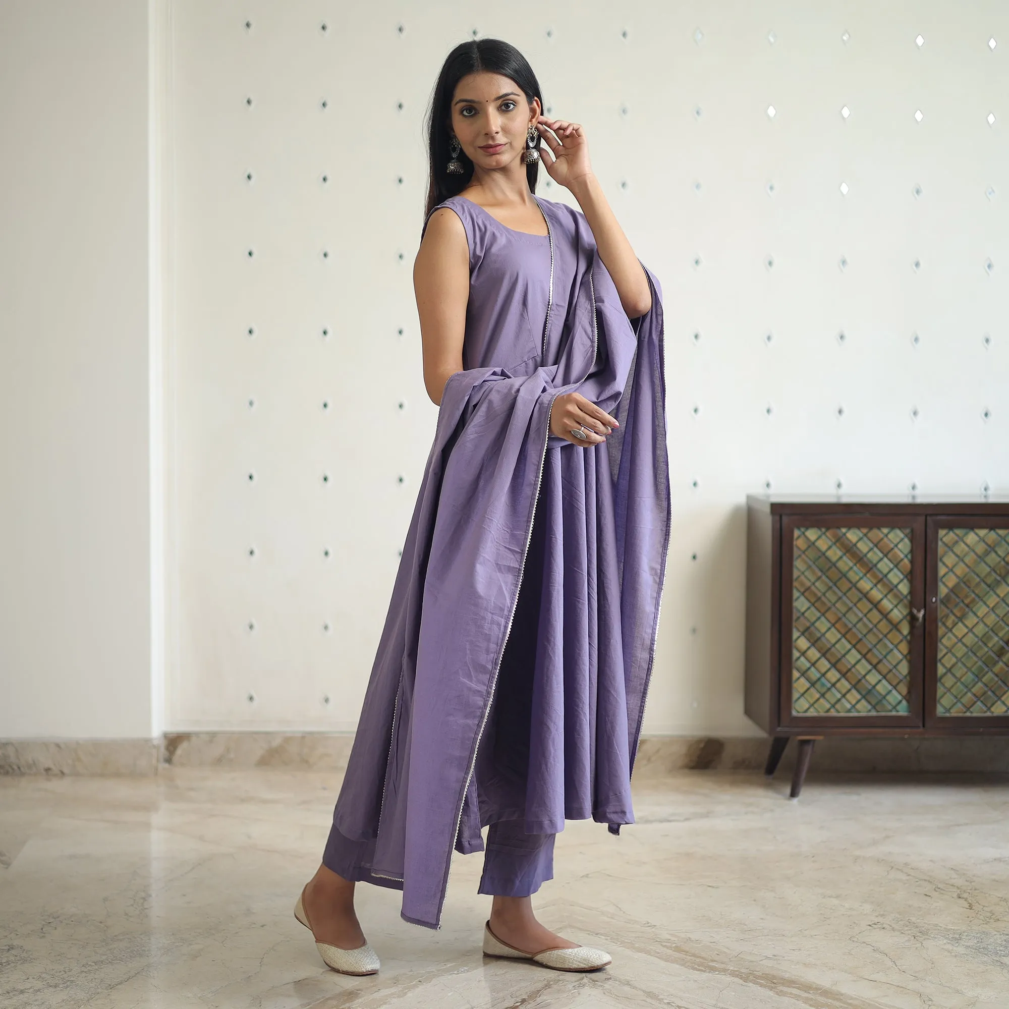 Shuchi Light Purple Cotton Flared Kurta with Palazzo & Dupatta Set sold by Itokri product image thumbnail 2