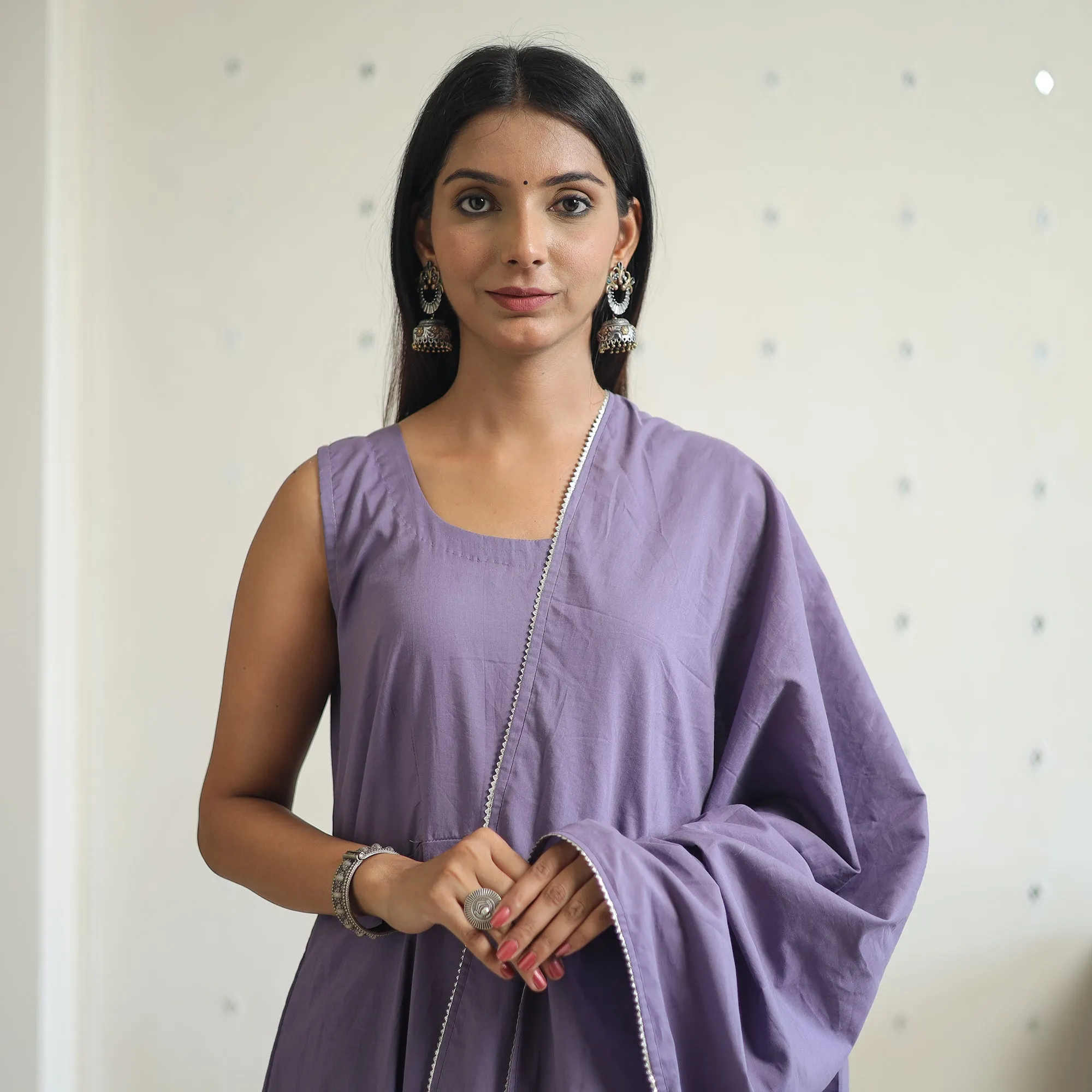 Shuchi Light Purple Cotton Flared Kurta with Palazzo & Dupatta Set sold by Itokri product image thumbnail 4