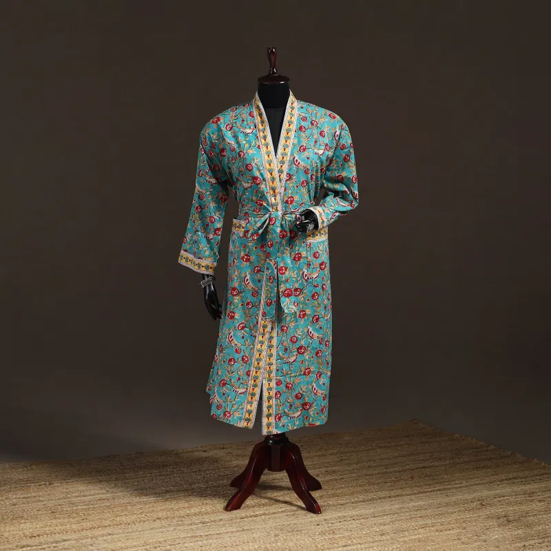 Green - Sanganeri Hand Block Print Cotton Bath Robe 48 made by Itokri