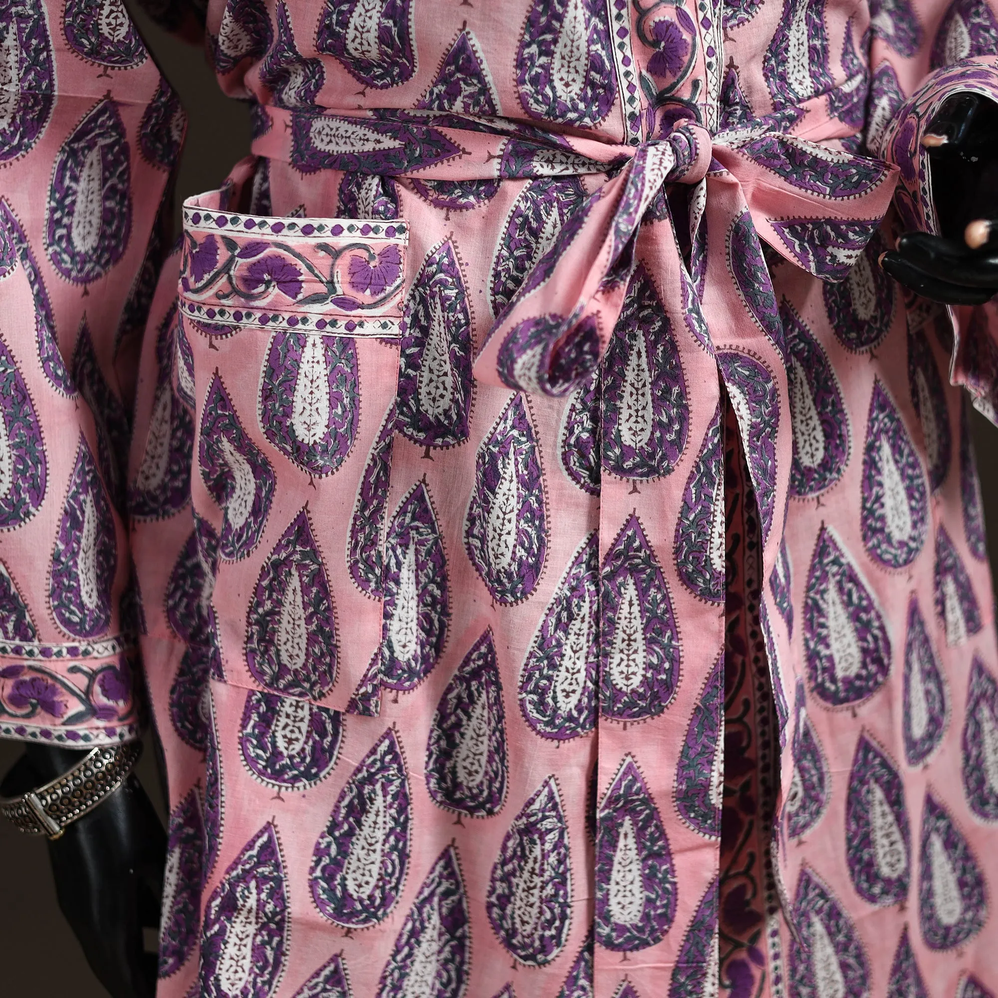 Pink - Sanganeri Hand Block Print Cotton Bath Robe 47 sold by Itokri product image thumbnail 4