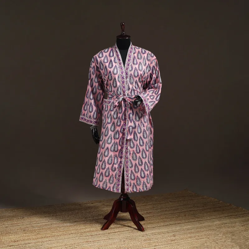 Pink - Sanganeri Hand Block Print Cotton Bath Robe 47 made by Itokri