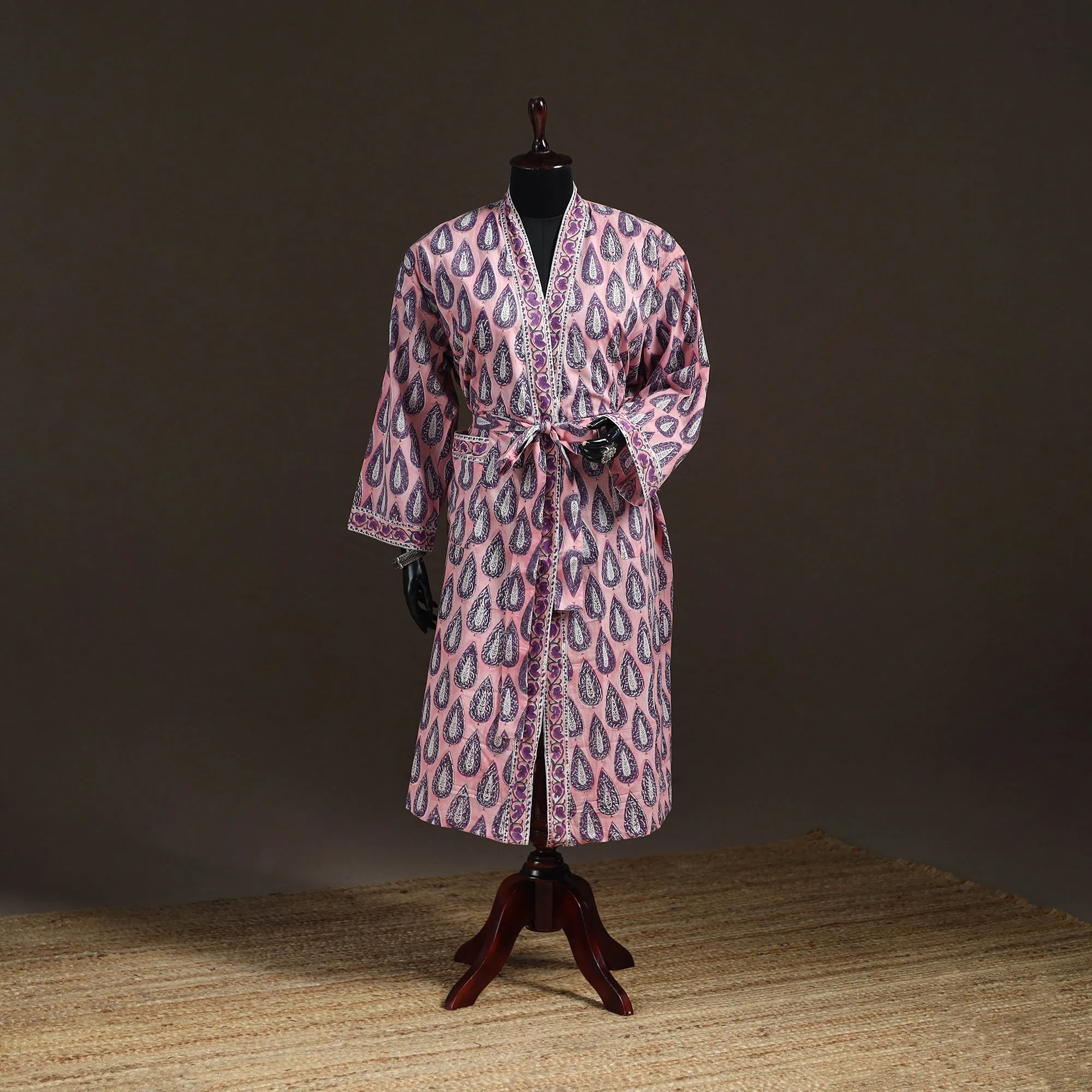 Pink - Sanganeri Hand Block Print Cotton Bath Robe 47 sold by Itokri