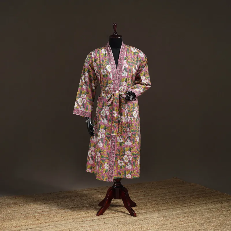 Pink - Sanganeri Hand Block Print Cotton Bath Robe 50 made by Itokri