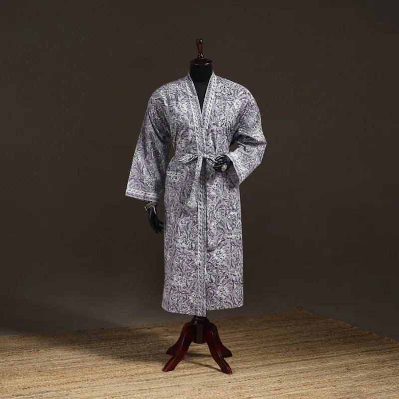 Grey - Sanganeri Hand Block Print Cotton Bath Robe 45 made by Itokri