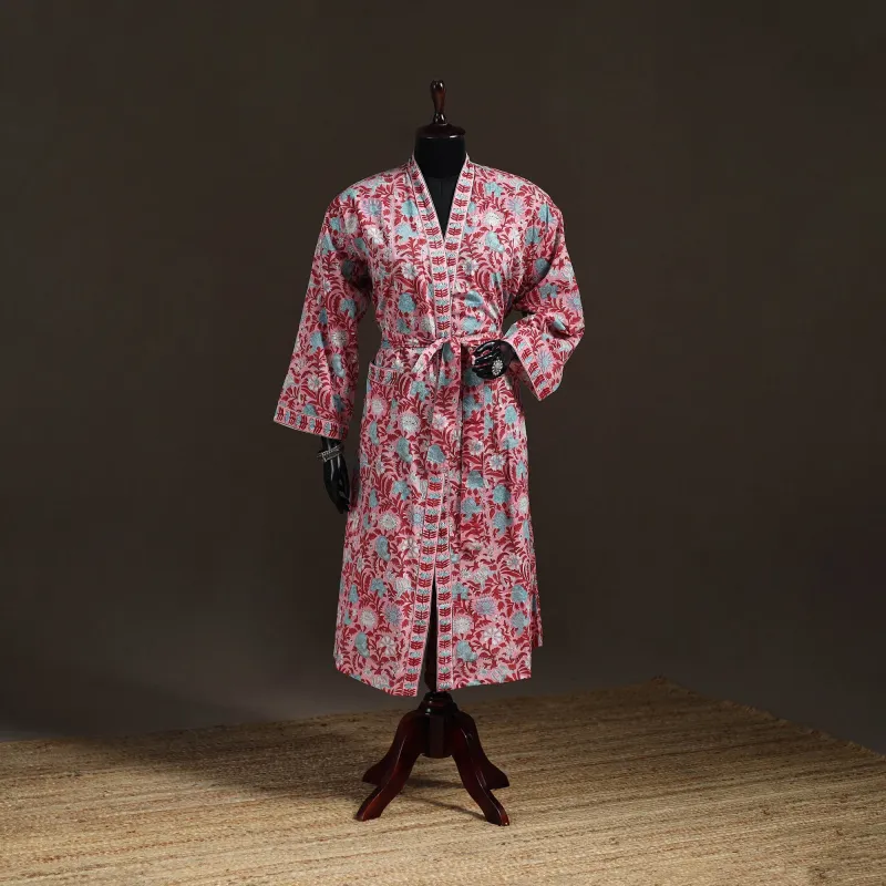 Pink - Sanganeri Hand Block Print Cotton Bath Robe 42 made by Itokri