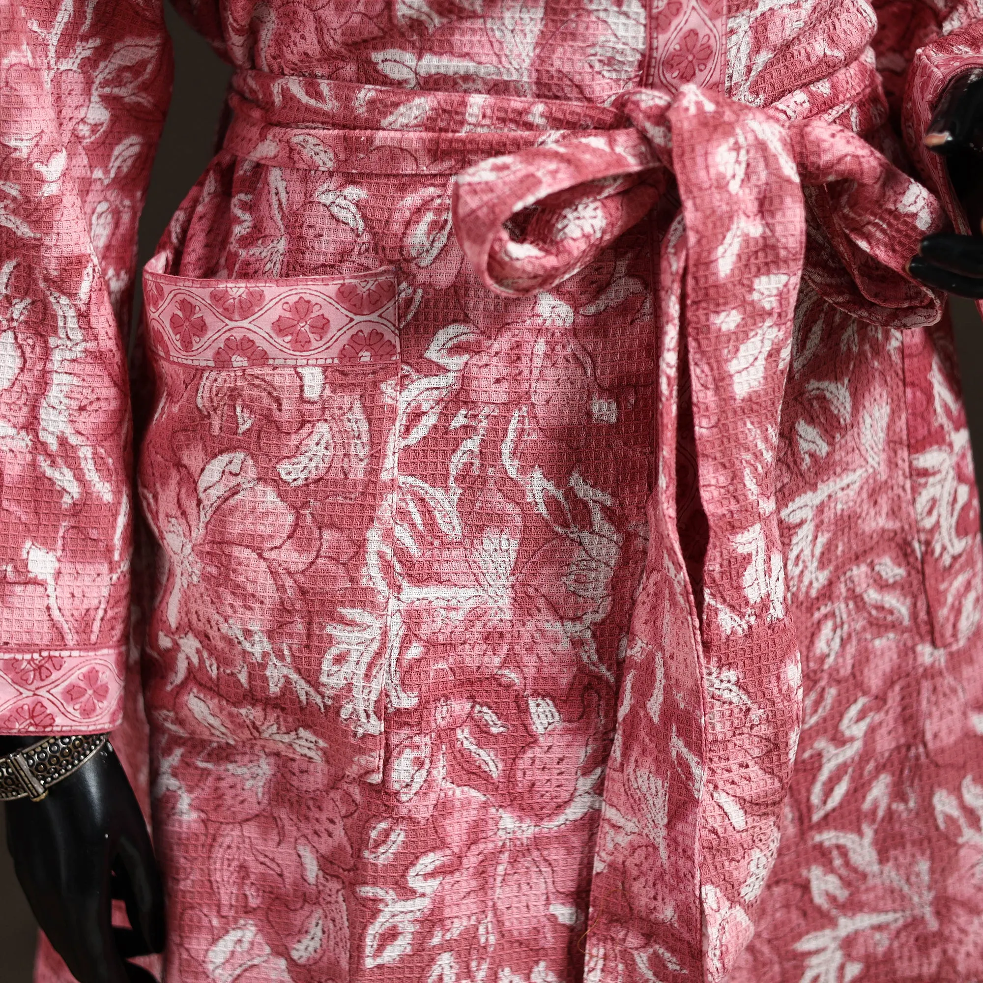 Pink - Sanganeri Hand Block Print Waffle Weave Cotton Bath Robe 37 sold by Itokri product image thumbnail 4