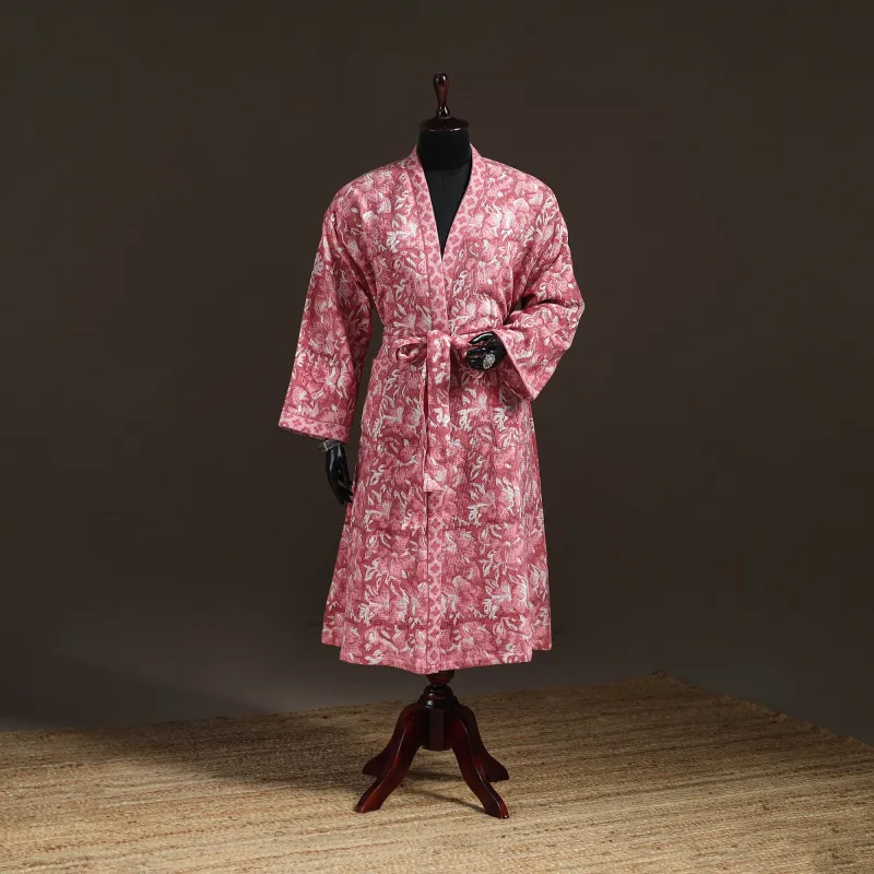 Pink - Sanganeri Hand Block Print Waffle Weave Cotton Bath Robe 37 made by Itokri