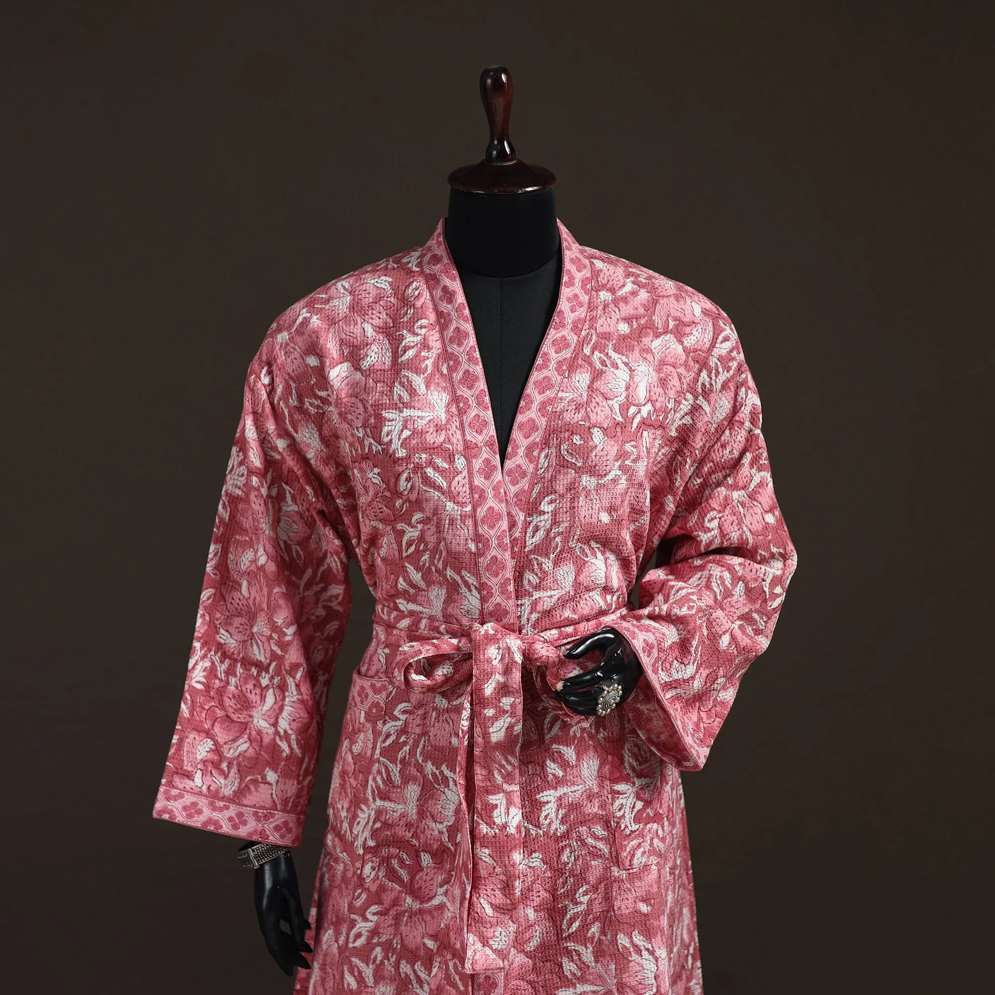 Pink - Sanganeri Hand Block Print Waffle Weave Cotton Bath Robe 37 sold by Itokri product image thumbnail 2