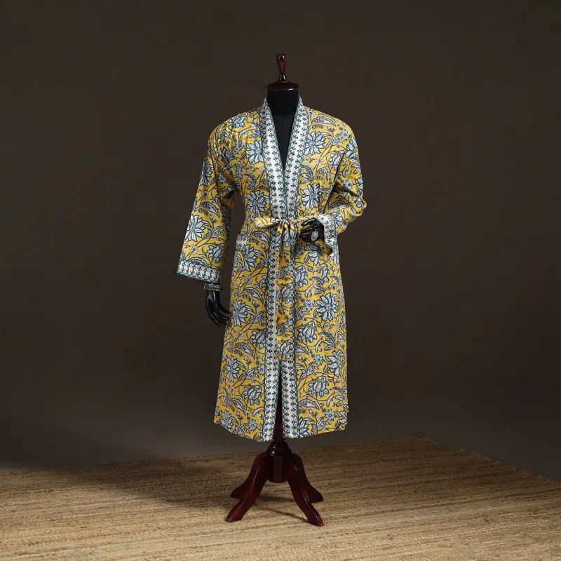 Yellow - Sanganeri Hand Block Print Cotton Bath Robe 41 made by Itokri