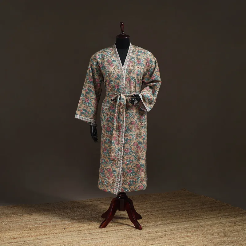 Beige - Sanganeri Hand Block Print Waffle Weave Cotton Bath Robe 32 made by Itokri
