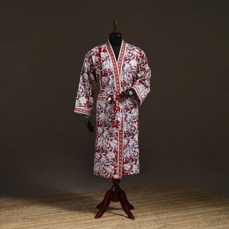 Red - Sanganeri Hand Block Print Waffle Weave Cotton Bath Robe 09 made by Itokri