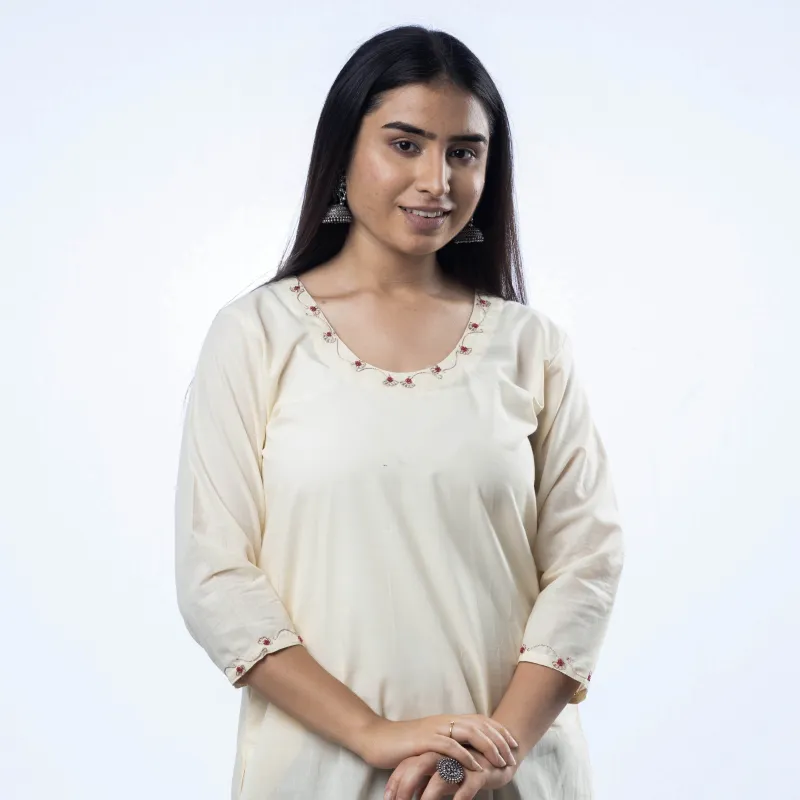 White - Hand Embroidered Cotton Long Straight Kurta made by Itokri