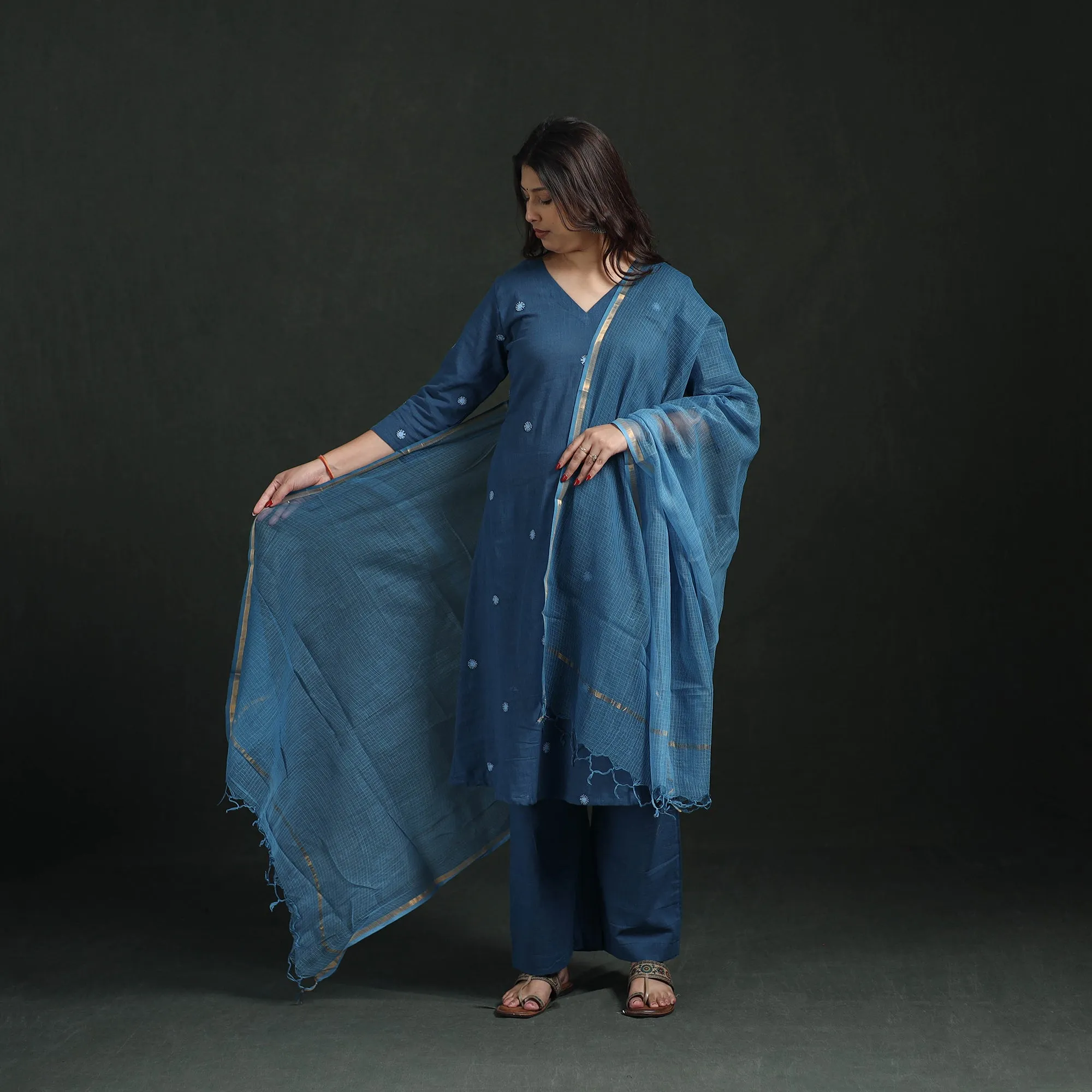 Blue - Plain Slub Cotton Hand Embroidered Suit Set with Dupatta for women 09 sold by Itokri product image thumbnail 2