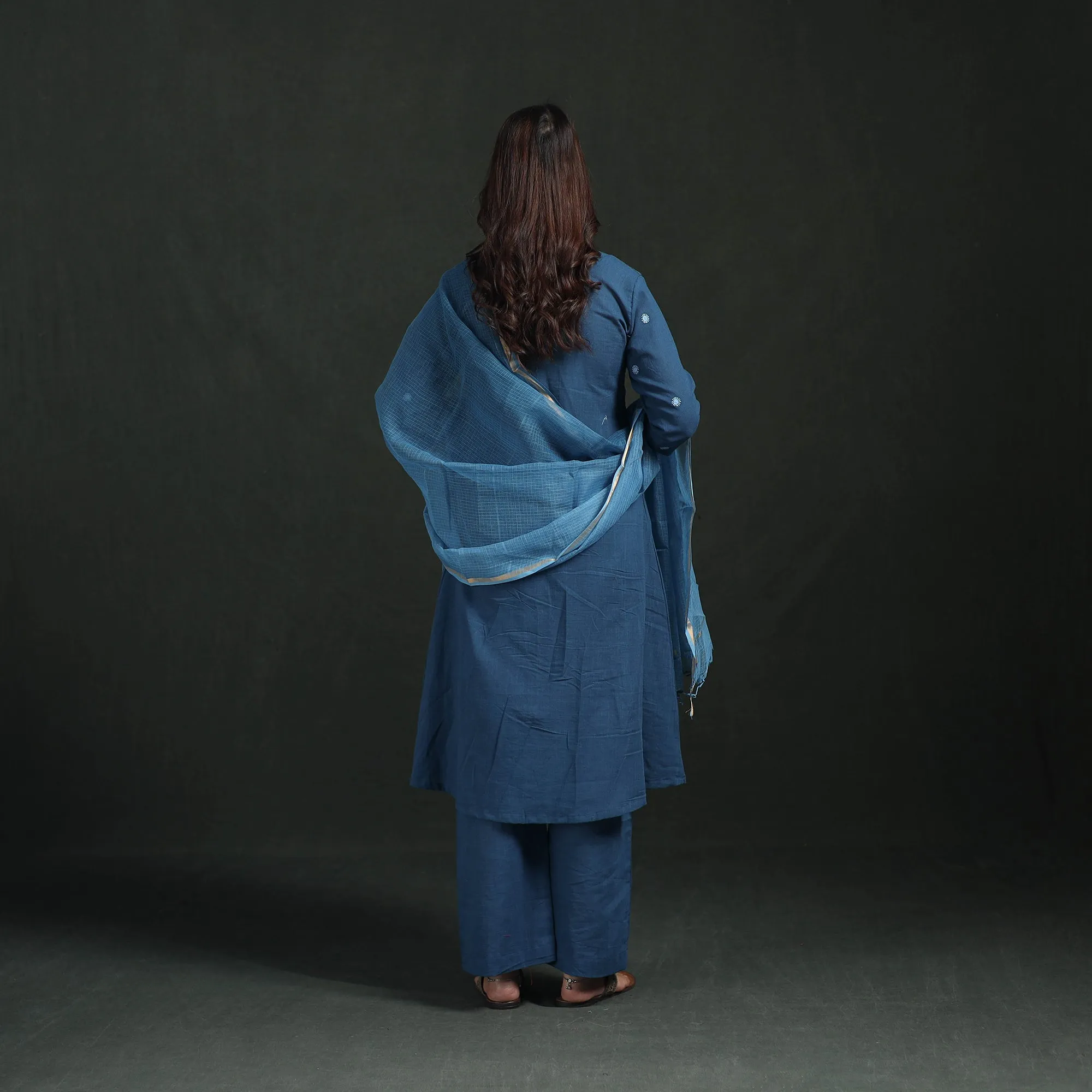 Blue - Plain Slub Cotton Hand Embroidered Suit Set with Dupatta for women 09 sold by Itokri product image thumbnail 5