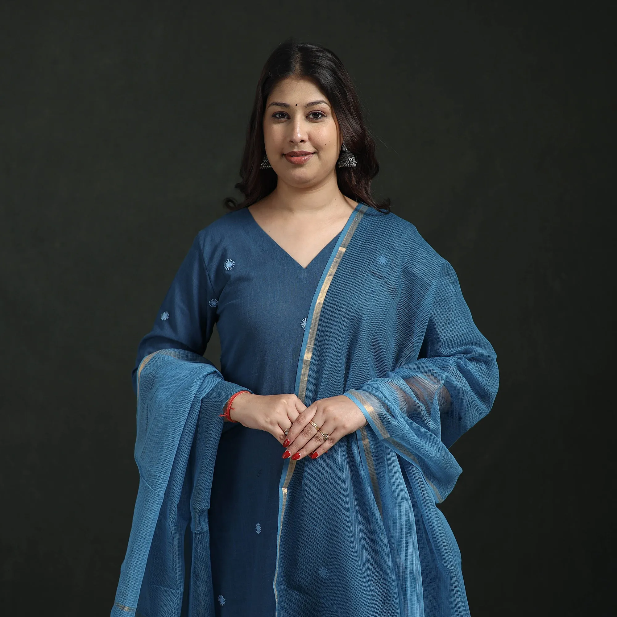 Blue - Plain Slub Cotton Hand Embroidered Suit Set with Dupatta for women 09 sold by Itokri product image thumbnail 3