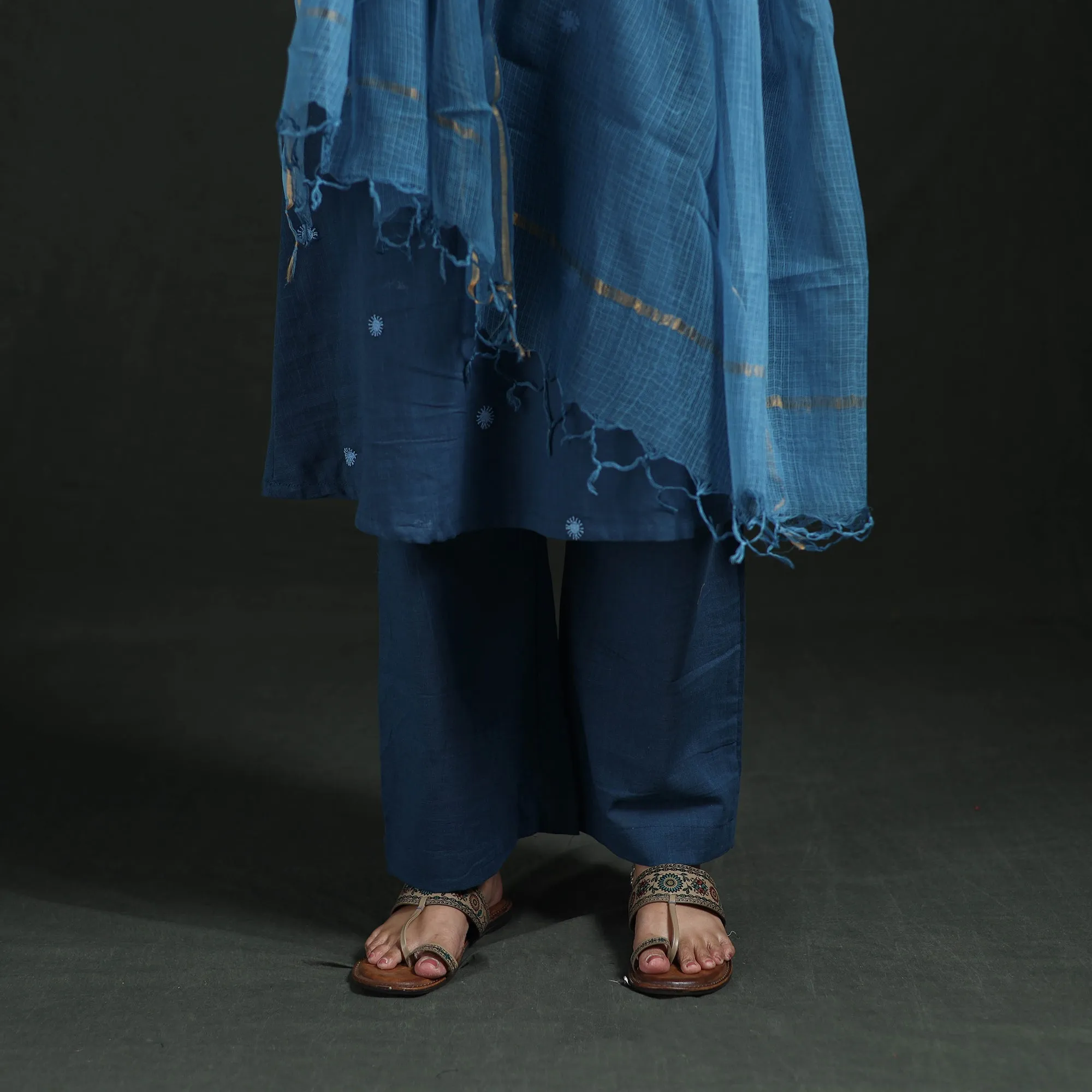 Blue - Plain Slub Cotton Hand Embroidered Suit Set with Dupatta for women 09 sold by Itokri product image thumbnail 4