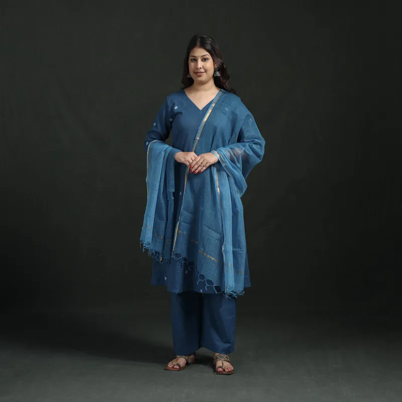 Blue - Plain Slub Cotton Hand Embroidered Suit Set with Dupatta for women 09 made by Itokri