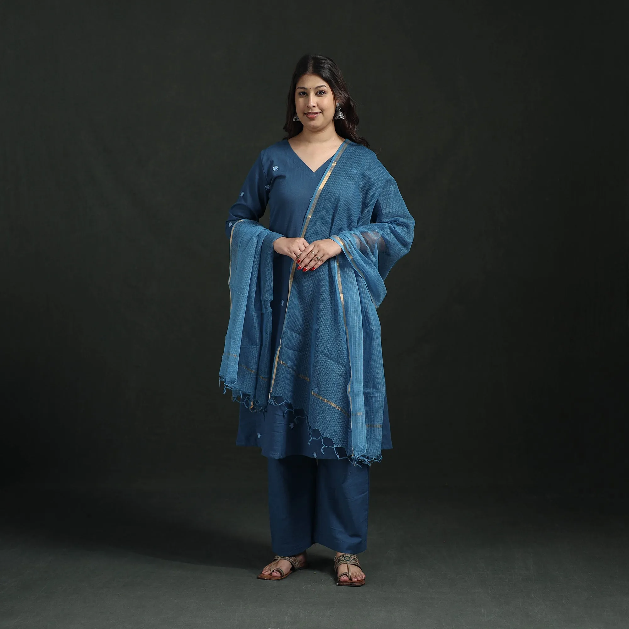 Blue - Plain Slub Cotton Hand Embroidered Suit Set with Dupatta for women 09 sold by Itokri