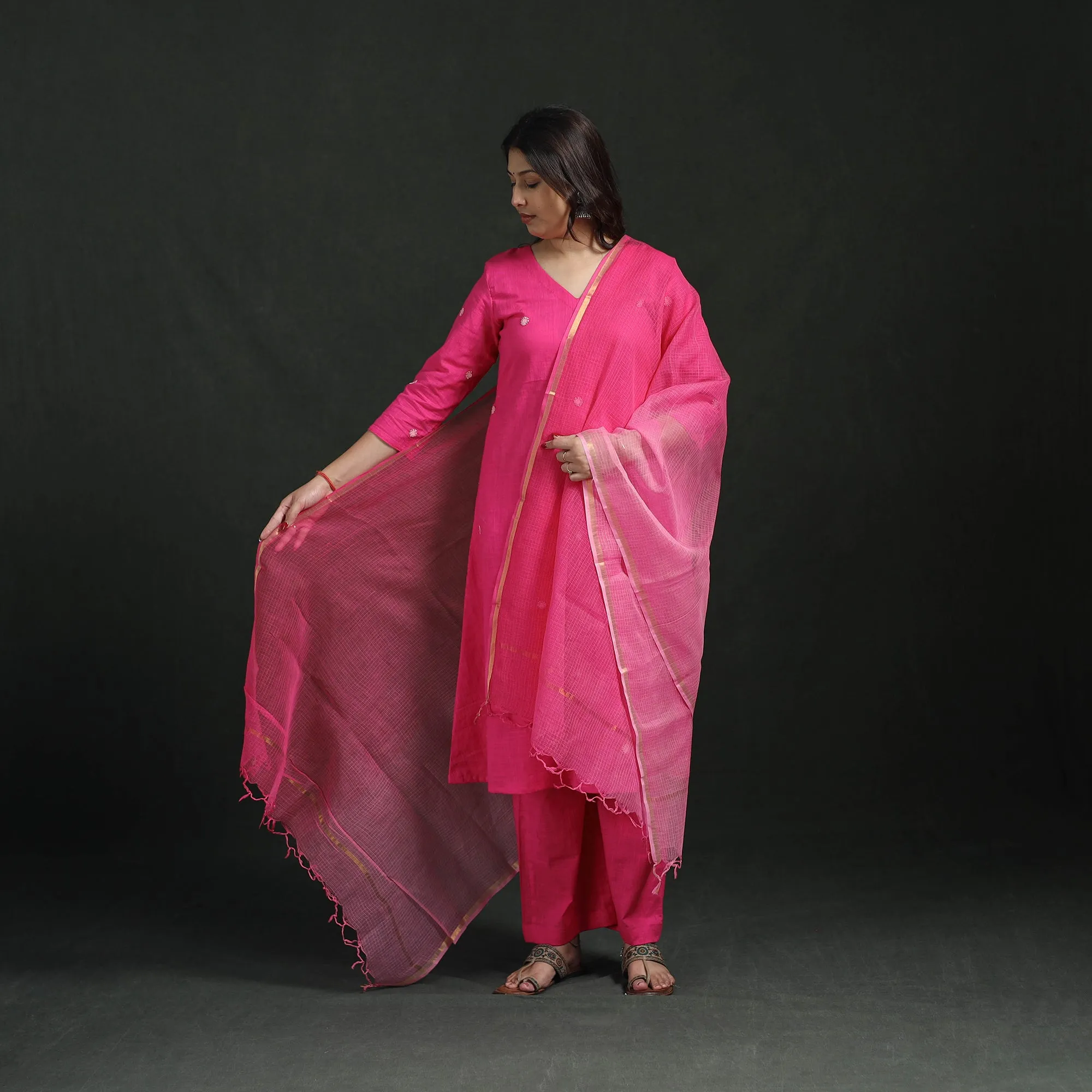 Pink - Plain Slub Cotton Hand Embroidered Suit Set with Dupatta for women 08 sold by Itokri product image thumbnail 2