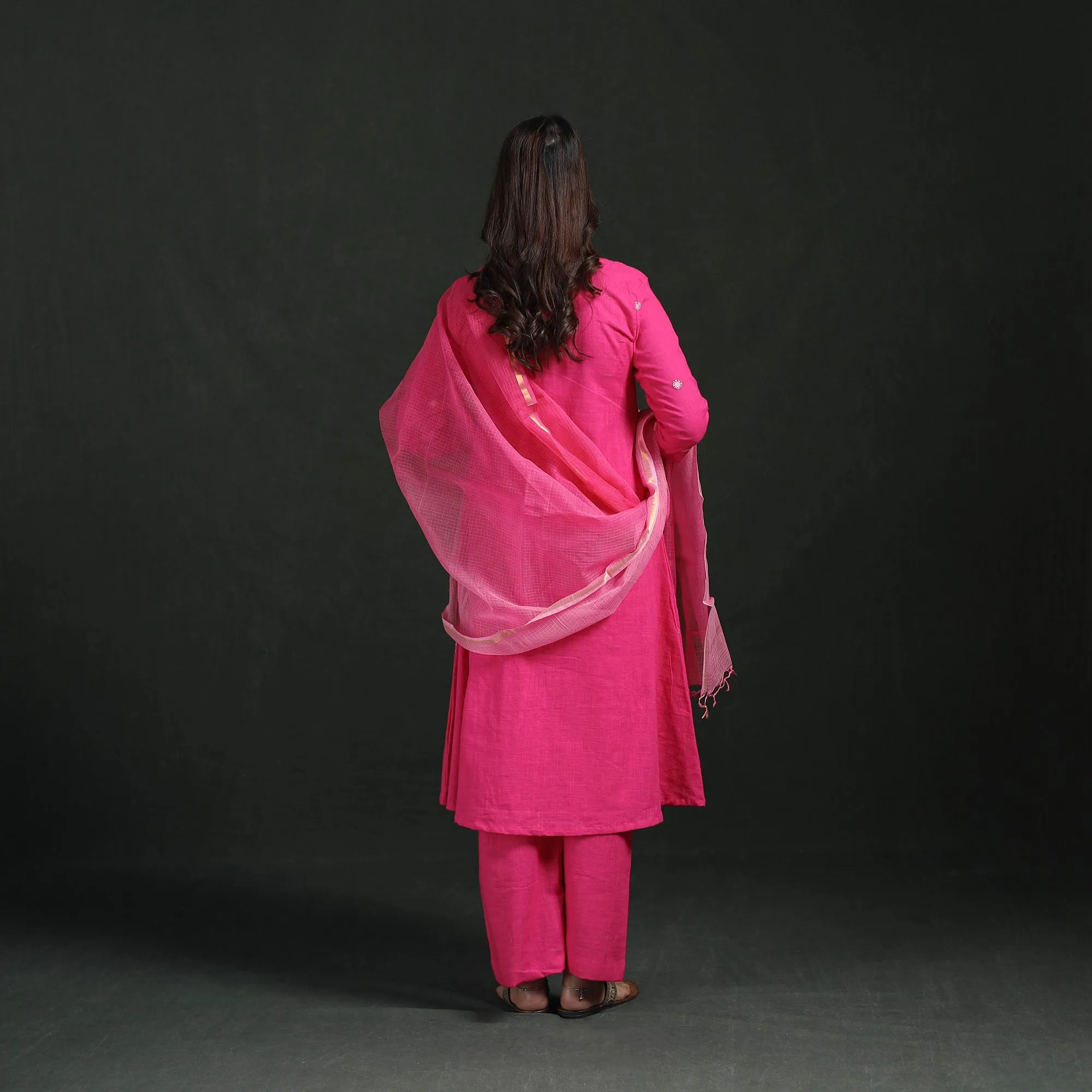 Pink - Plain Slub Cotton Hand Embroidered Suit Set with Dupatta for women 08 sold by Itokri product image thumbnail 5