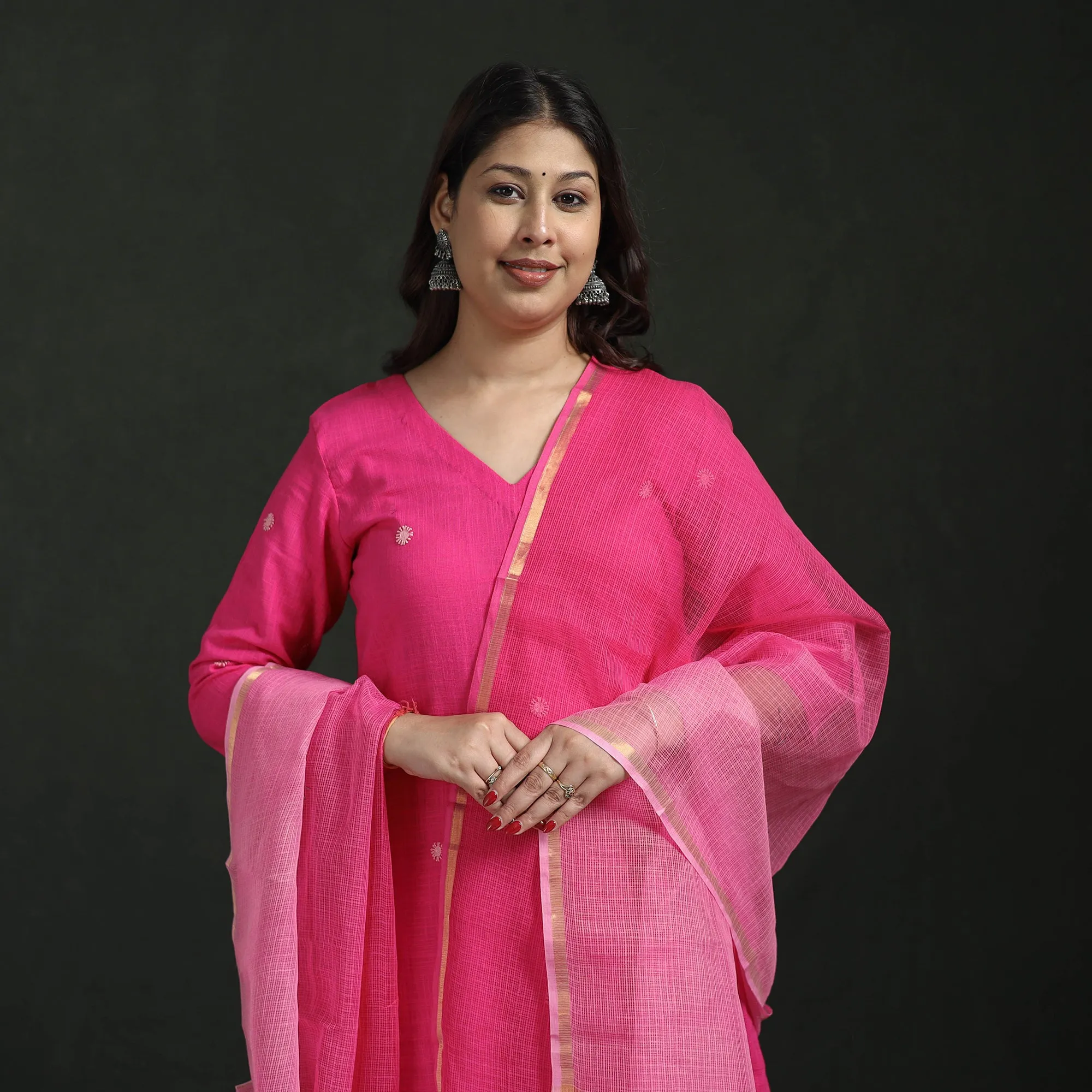 Pink - Plain Slub Cotton Hand Embroidered Suit Set with Dupatta for women 08 sold by Itokri product image thumbnail 3