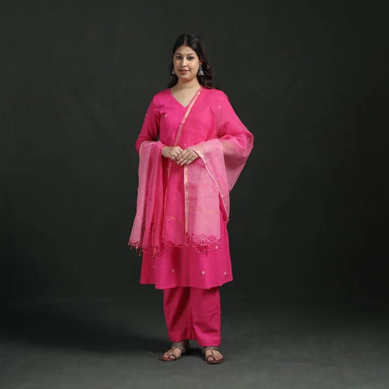 Pink - Plain Slub Cotton Hand Embroidered Suit Set with Dupatta for women 08 made by Itokri