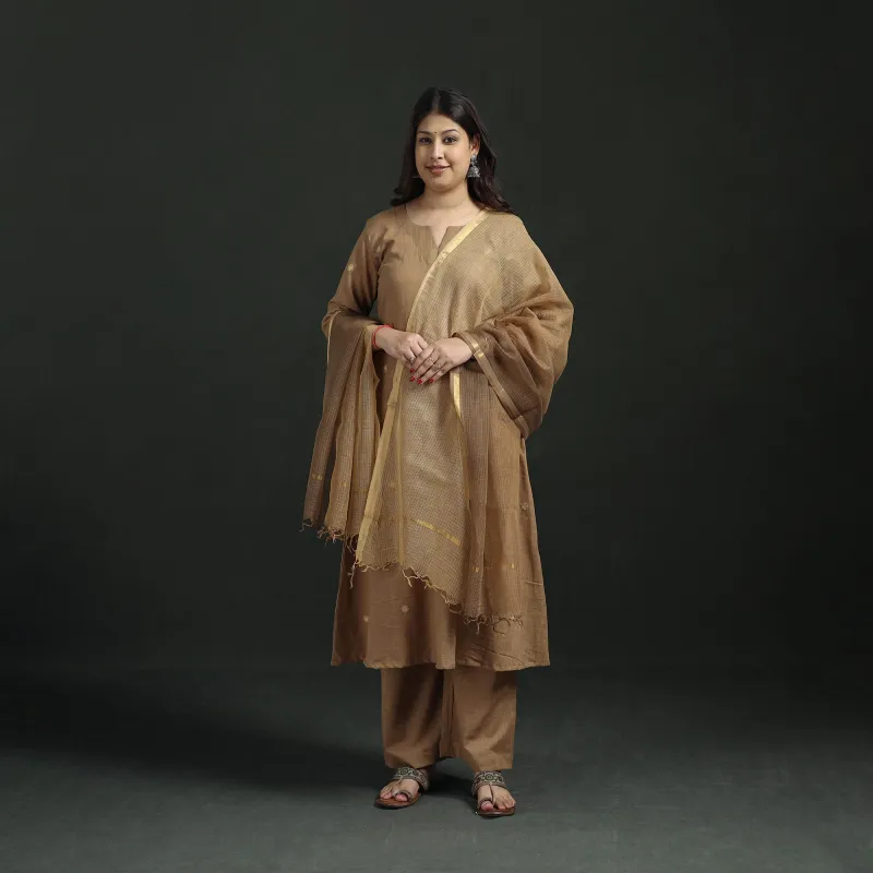 Brown - Plain Slub Cotton Hand Embroidered Suit Set with Dupatta for women 04 made by Itokri