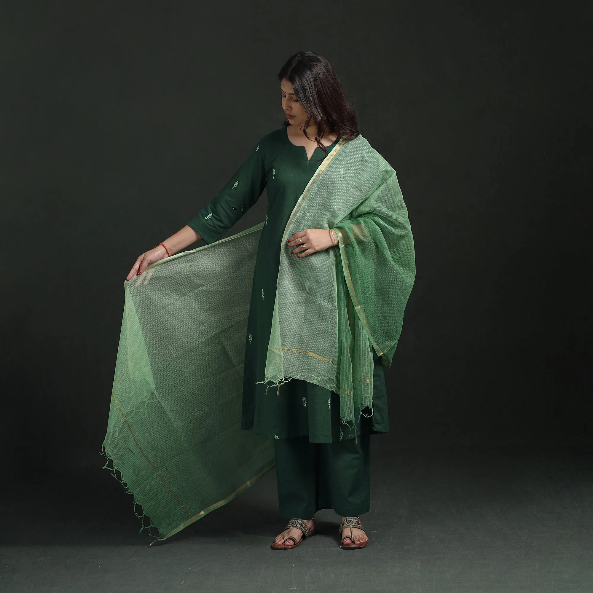 Green - Plain Slub Cotton Hand Embroidered Suit Set with Dupatta for women 02 sold by Itokri product image thumbnail 2