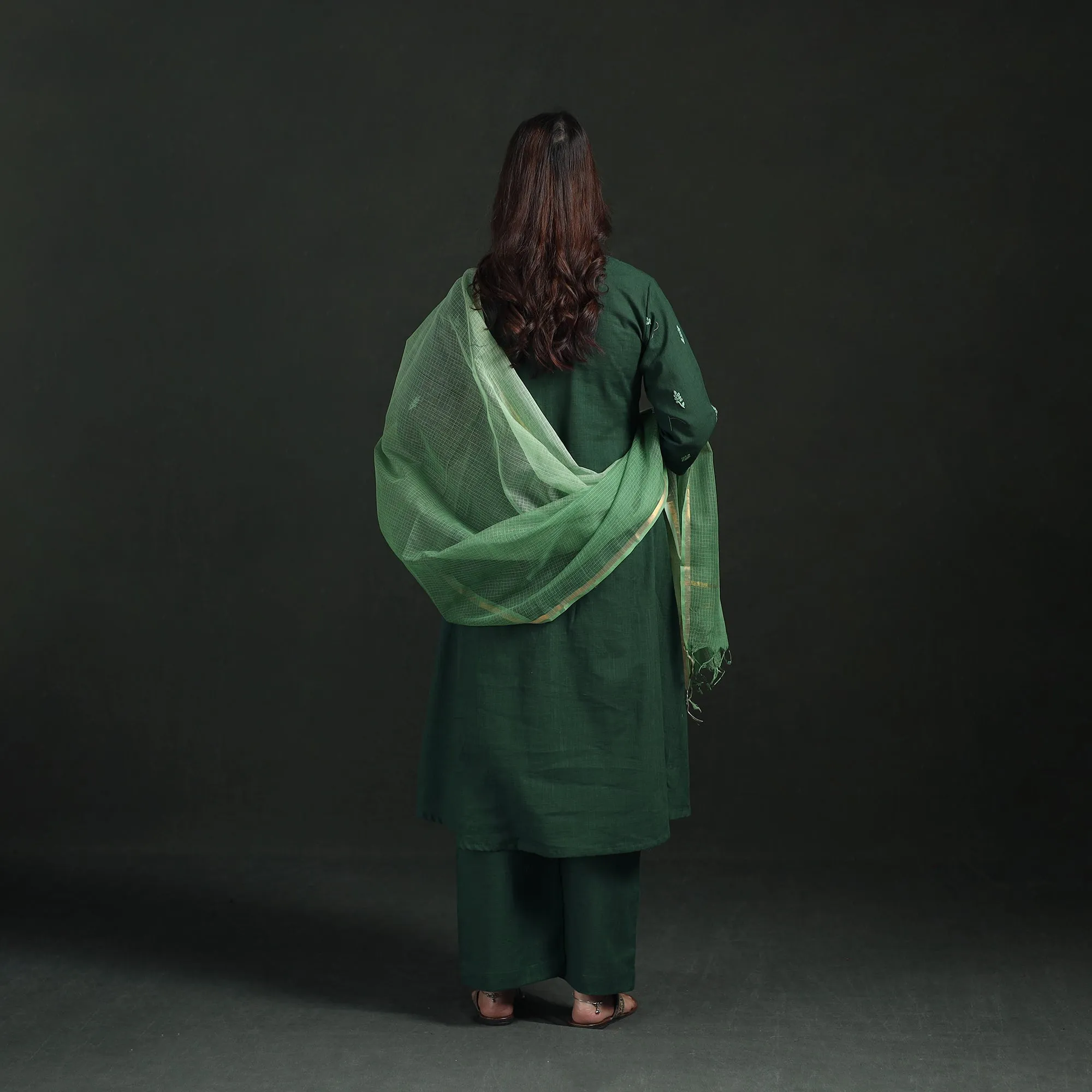 Green - Plain Slub Cotton Hand Embroidered Suit Set with Dupatta for women 02 sold by Itokri product image thumbnail 5