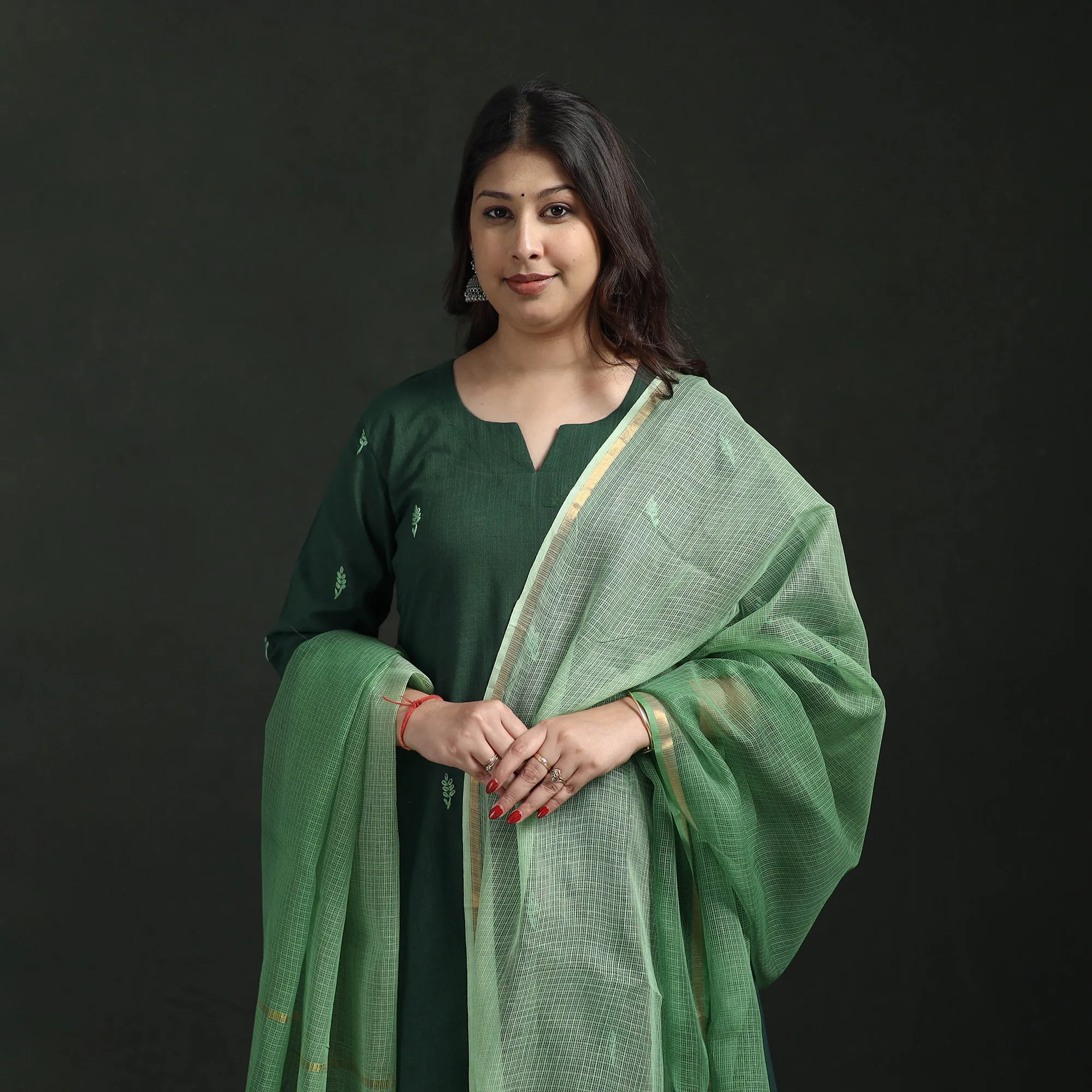 Green - Plain Slub Cotton Hand Embroidered Suit Set with Dupatta for women 02 sold by Itokri product image thumbnail 3
