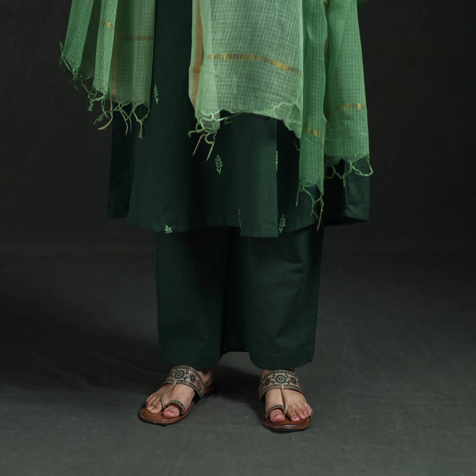 Green - Plain Slub Cotton Hand Embroidered Suit Set with Dupatta for women 02 sold by Itokri product image thumbnail 4