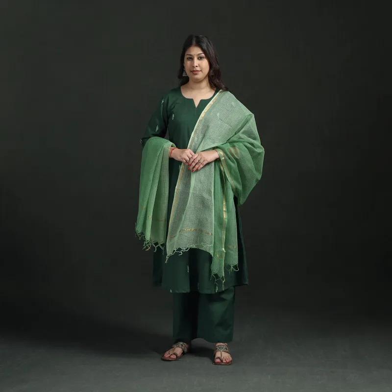 Green - Plain Slub Cotton Hand Embroidered Suit Set with Dupatta for women 02 made by Itokri