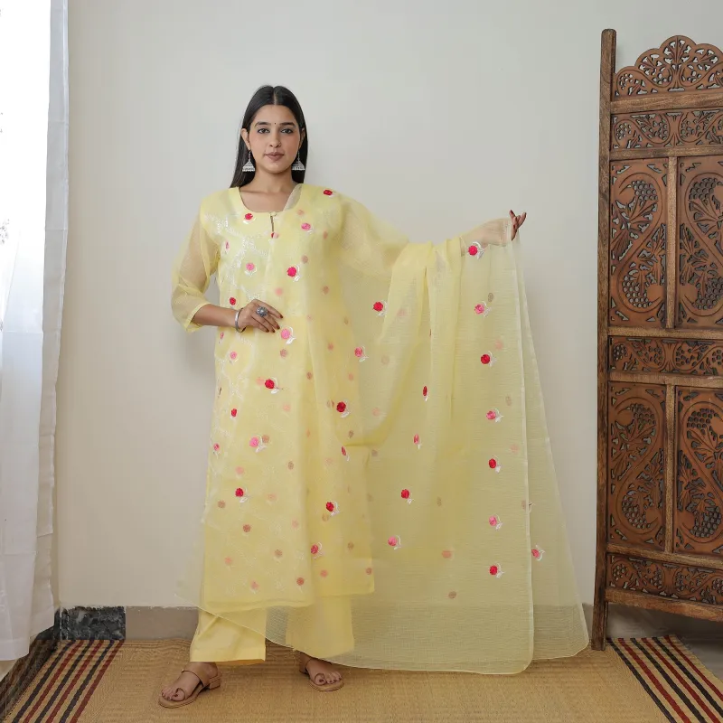 Yellow - Kota Doria Cotton Embroidery Kurta Suit Set 04 made by Itokri