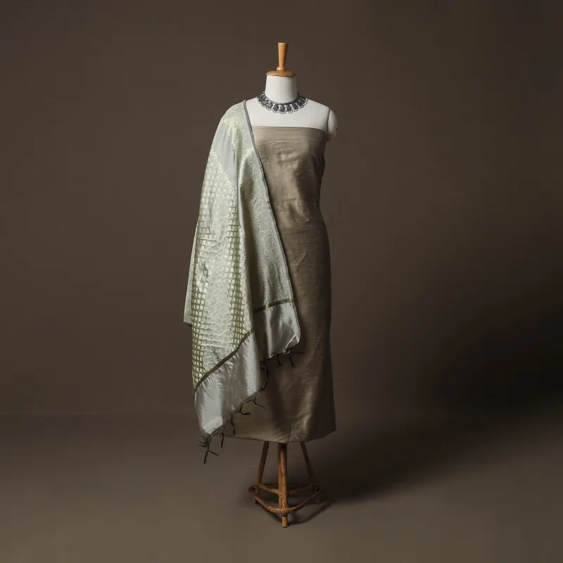 Grey - Plain Slub Silk 2pc Unstitched Dress Material Kurta Set with Earrings 41 made by Itokri