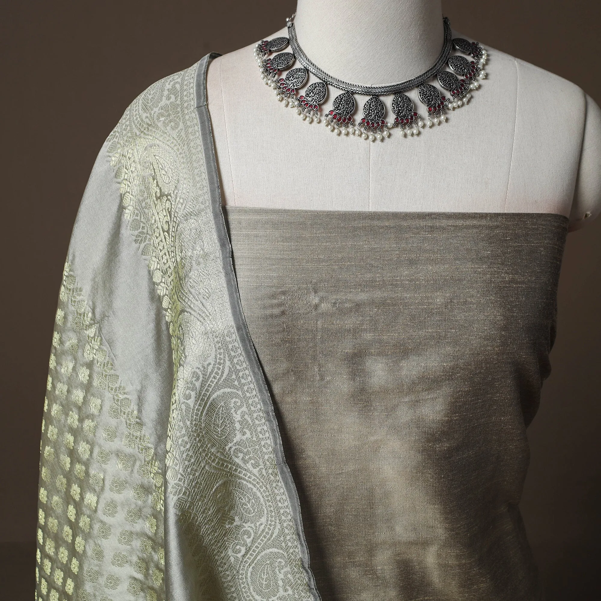 Grey - Plain Slub Silk 2pc Unstitched Dress Material Kurta Set with Earrings 41 sold by Itokri product image thumbnail 3