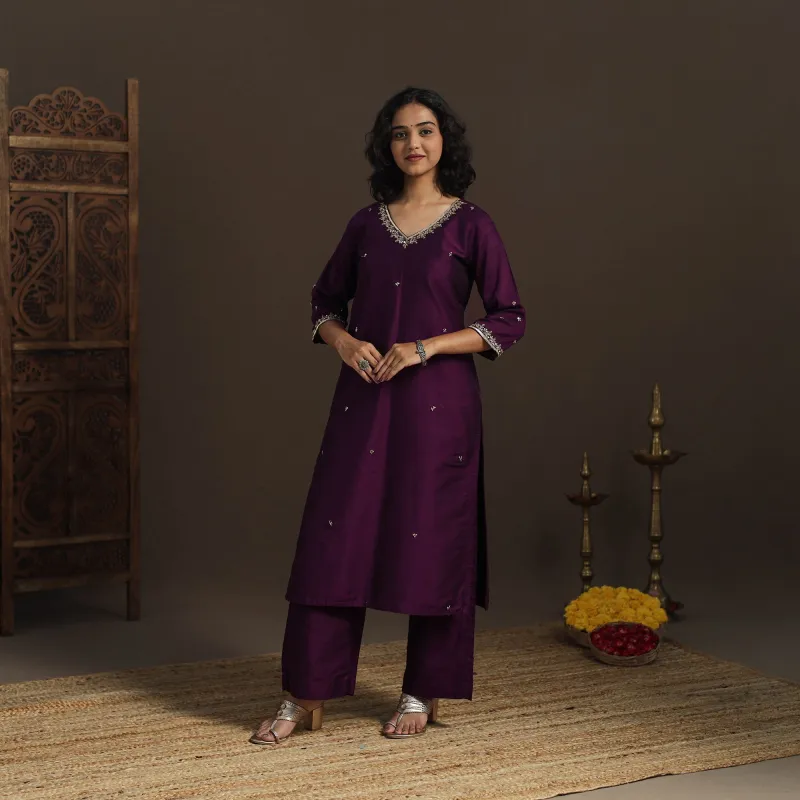Purple - Slub Silk Hand Embroidered Straight Plain Long Kurta 04 made by Itokri