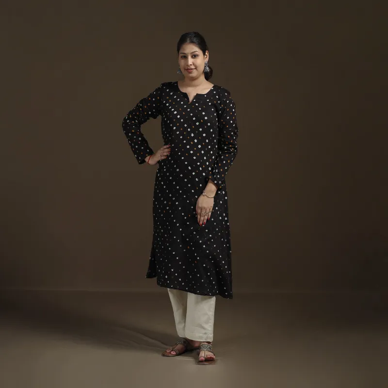 Black - Bandhani Tie-Dye Cotton A-Line Kurta for women 03 made by Itokri